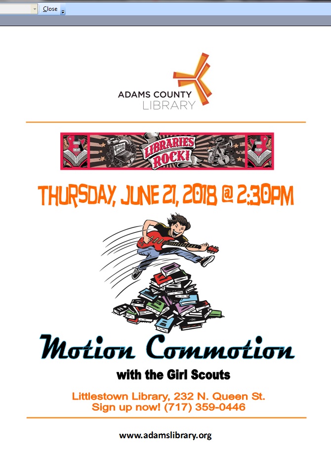 The Summer Quest program "Motion Commotion" with the Girl Scouts will be on 