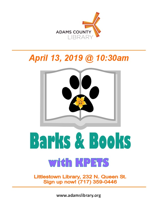 Barks and Books with KPETS is on Saturday, April 13, 2019 at 10:30am.