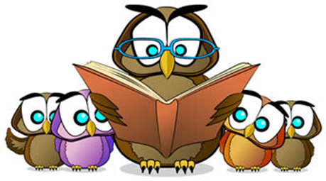 Cartoon image of owls reading.