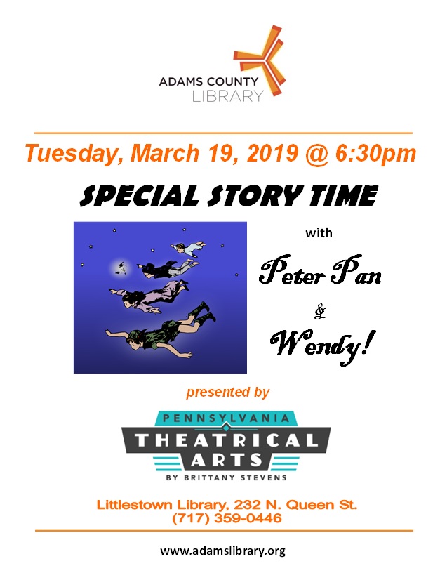 On Tuesday, March 19, 2019 at 6:30pm, PATABS hosts a special story time with Peter Pan and Wendy.