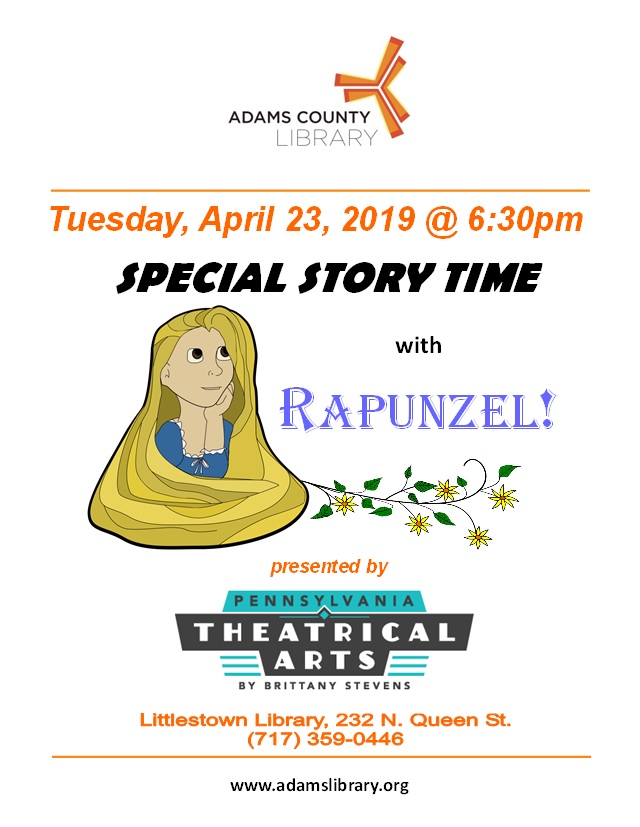 On Tuesday, April 23, 2019 at 6:30pm, PATABS hosts a special story time with Rapunzel.