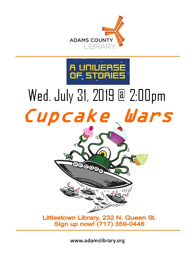 Summer Quest program. Join us for Cupcake Wars with M. Theresa on Wednesday, July 31, 2019 at 2:00pm. For ages 4-18, registration highly encouraged.