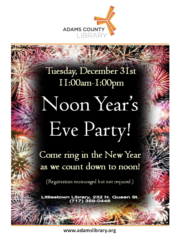 Join us on Tuesday, December 31, 2019 from 11:00am until 1:00pm for our Noon Year's Eve Party! Come dressed in your best for games, crafts, and fun as we count down to noon. For all ages. Registration encouraged, but not required.