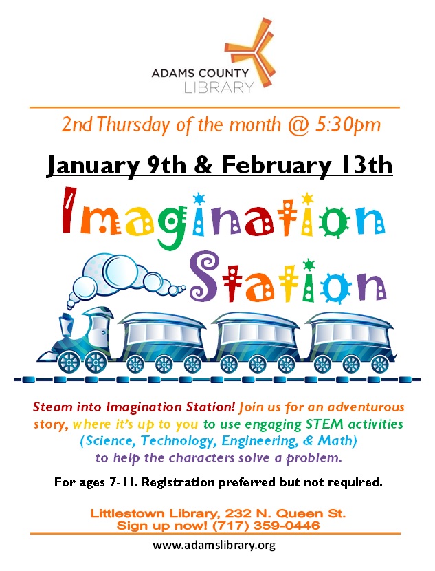 Join us on the second Thursday of the month at 5:30pm for Imagination Station. Use STEM to help characters solve a problem! For ages 7 to 11.