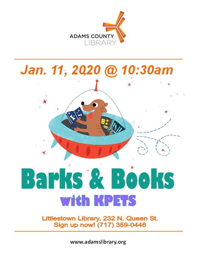 Barks and Books with KPETS is on Saturday, January 11, 2020 at 10:30am.