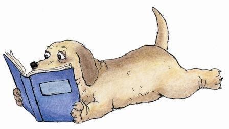 Image of  dog reading a book.