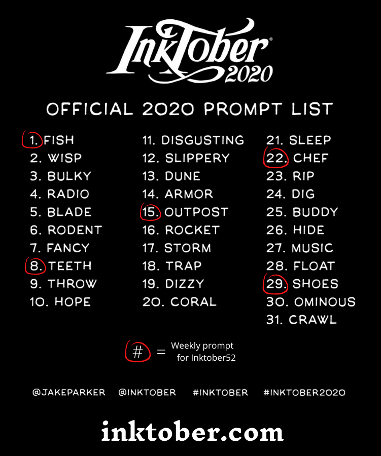 Inktober 2020 daily and weekly prompt list.