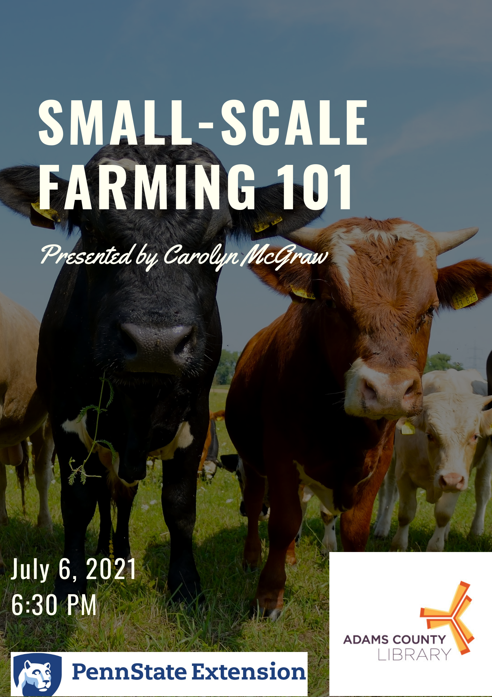 An image of cows with the ACLS and Penn State Extension logo. The text reads "SMALL-SCALE FARMING 101, Presented by Carolyn McGraw, July 6, 2021, 6:30 PM"