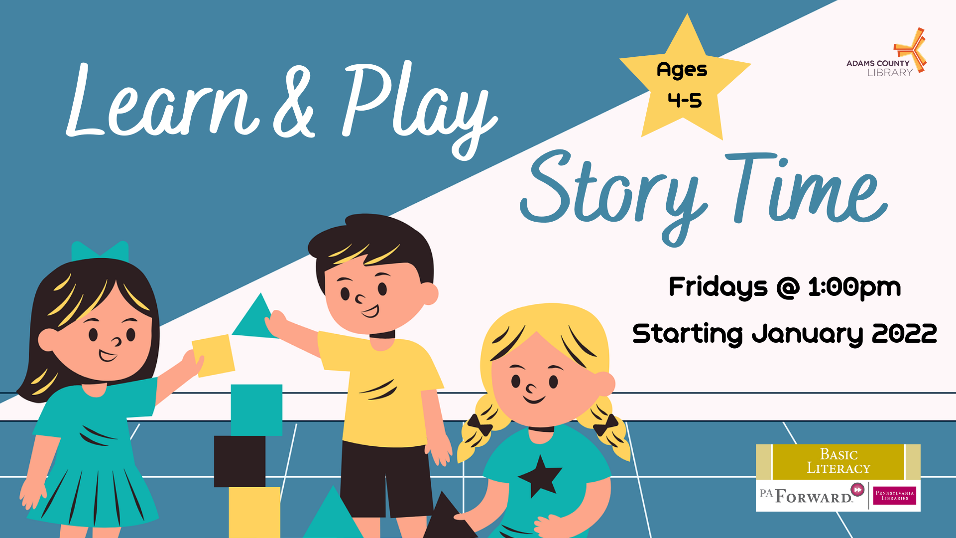 Join us on Fridays at 1:00pm starting January 2022 for a special story time with activies designed to prepare your child for kindergarten. For ages 4-5.