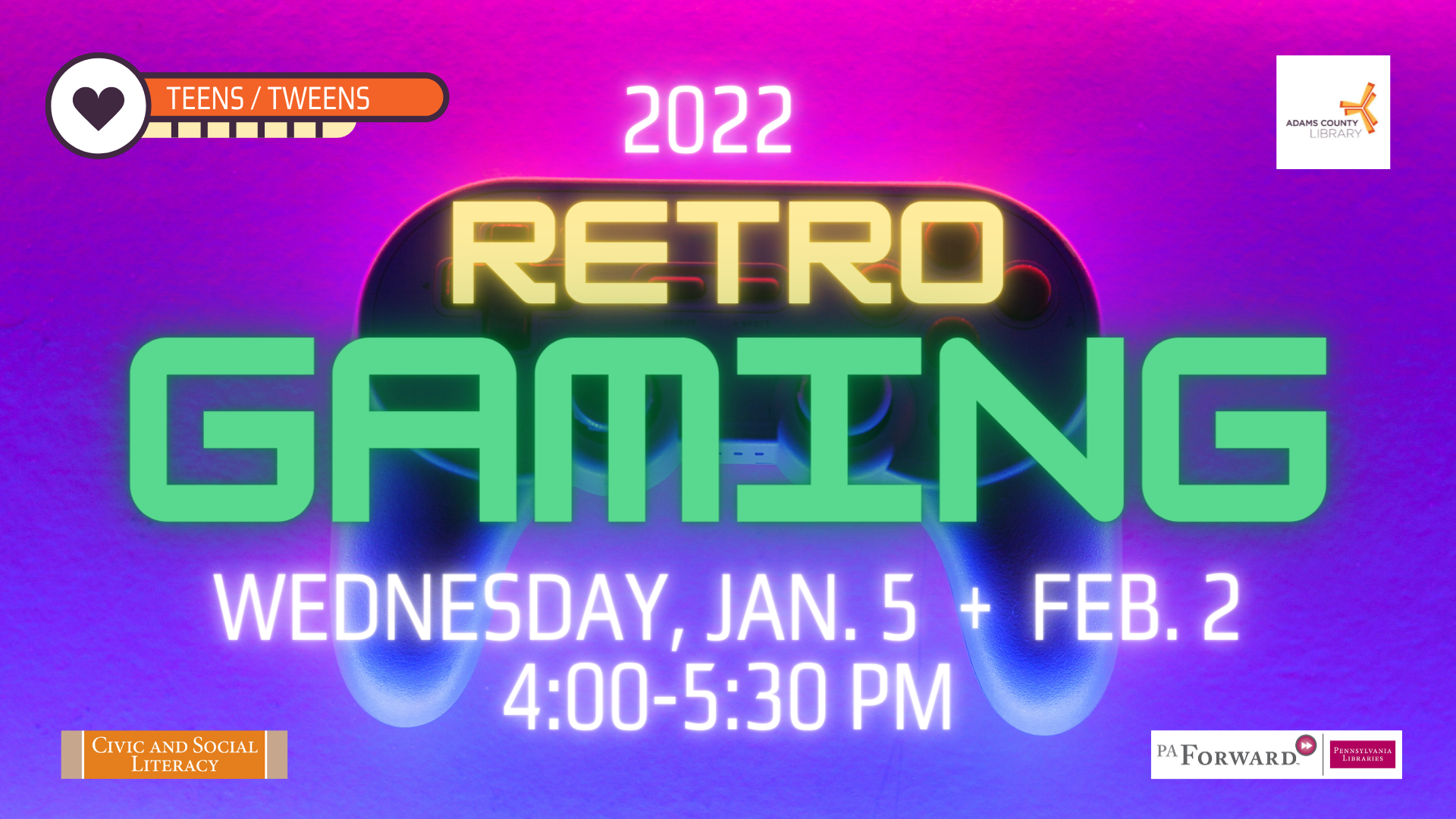 Join us for Retro Gaming the first Wednesday of the month. For tweens and teens.