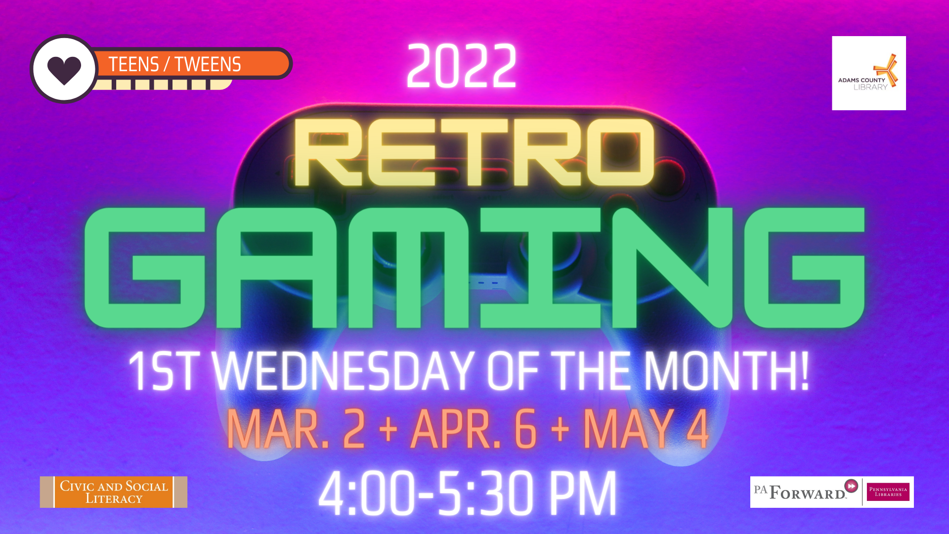 Join us for Retro Gaming the first Wednesday of the month. For tweens and teens.