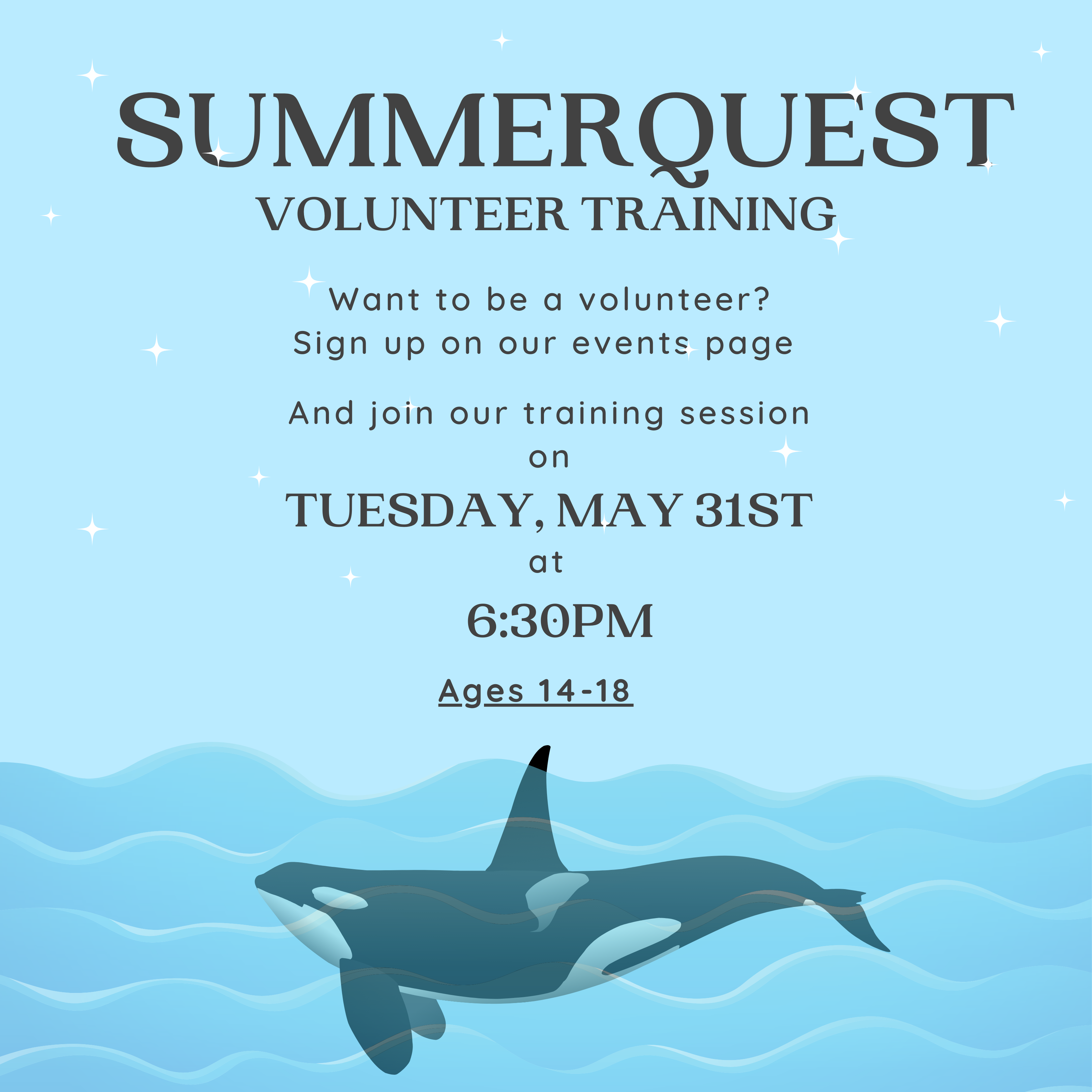 An image of an orca in the ocean. In the sky, text reads: Summer Quest Volunteer Training. Want to be a volunteer? Sign up for our training session on May 31st at 6:30pm. Ages 14-18.