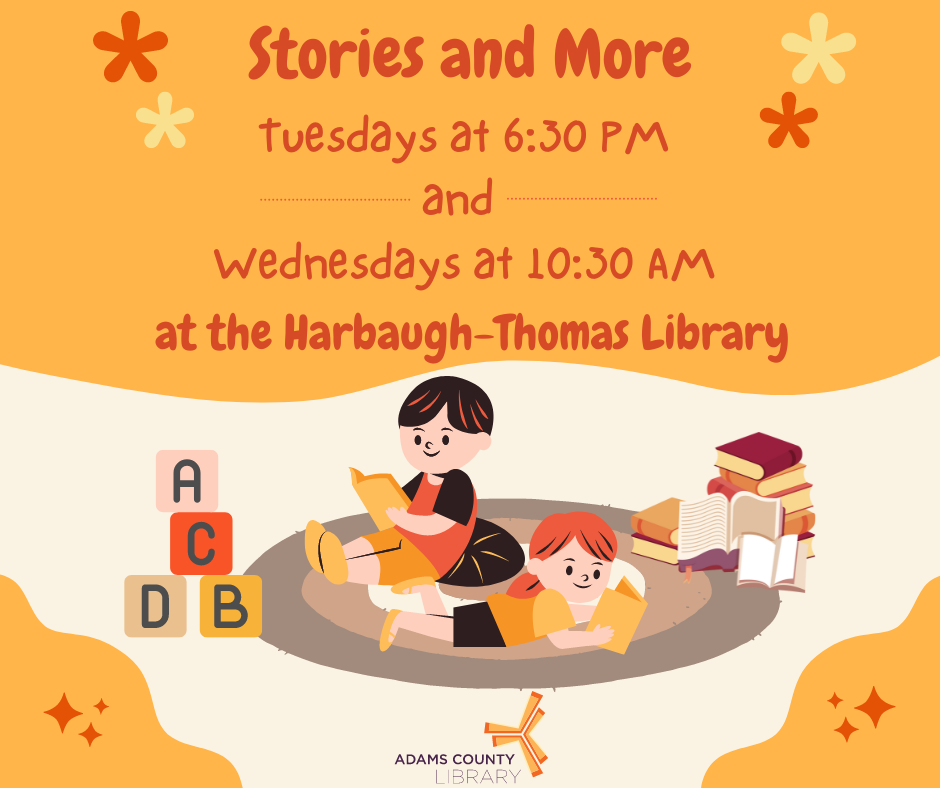 Stories%20and%20More%21%20Tuesdays%20at%206%3A30%20PM%20and%20%20Wednesdays%20at%2010%3A30%20AM%20at%20the%20Harbaugh-Thomas%20Library%20with%20children%20reading%20books%20on%20a%20rug