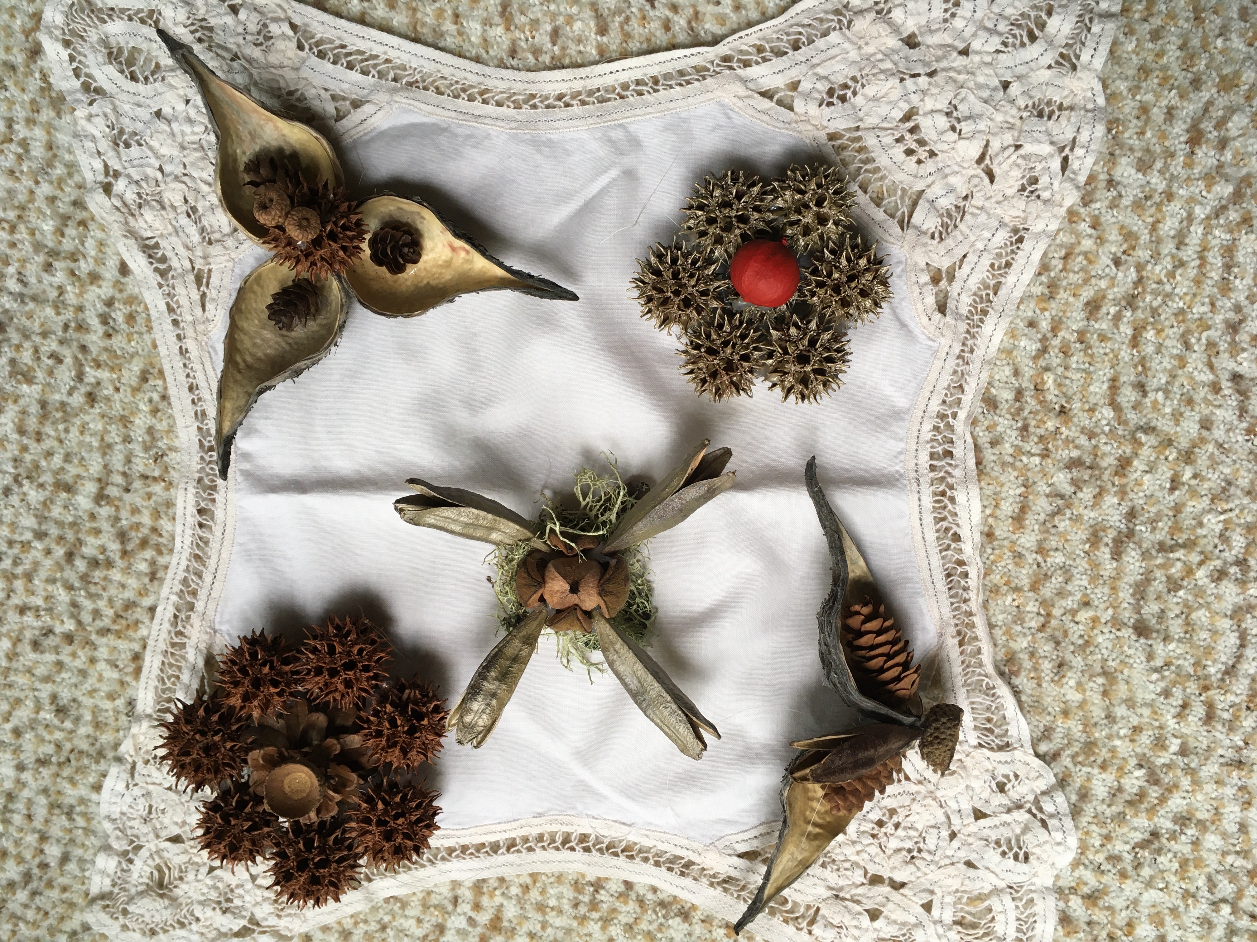 picture of ornaments made from seed pods and pine cones and nuts