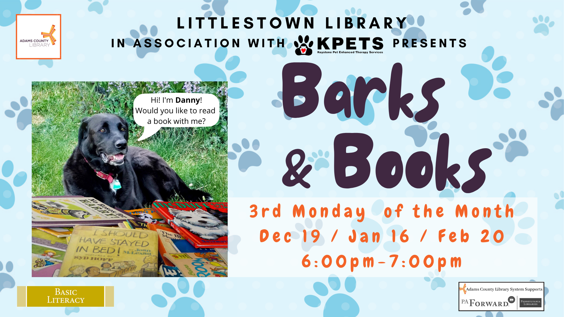 Barks & Books with Danny, our therapy dog.