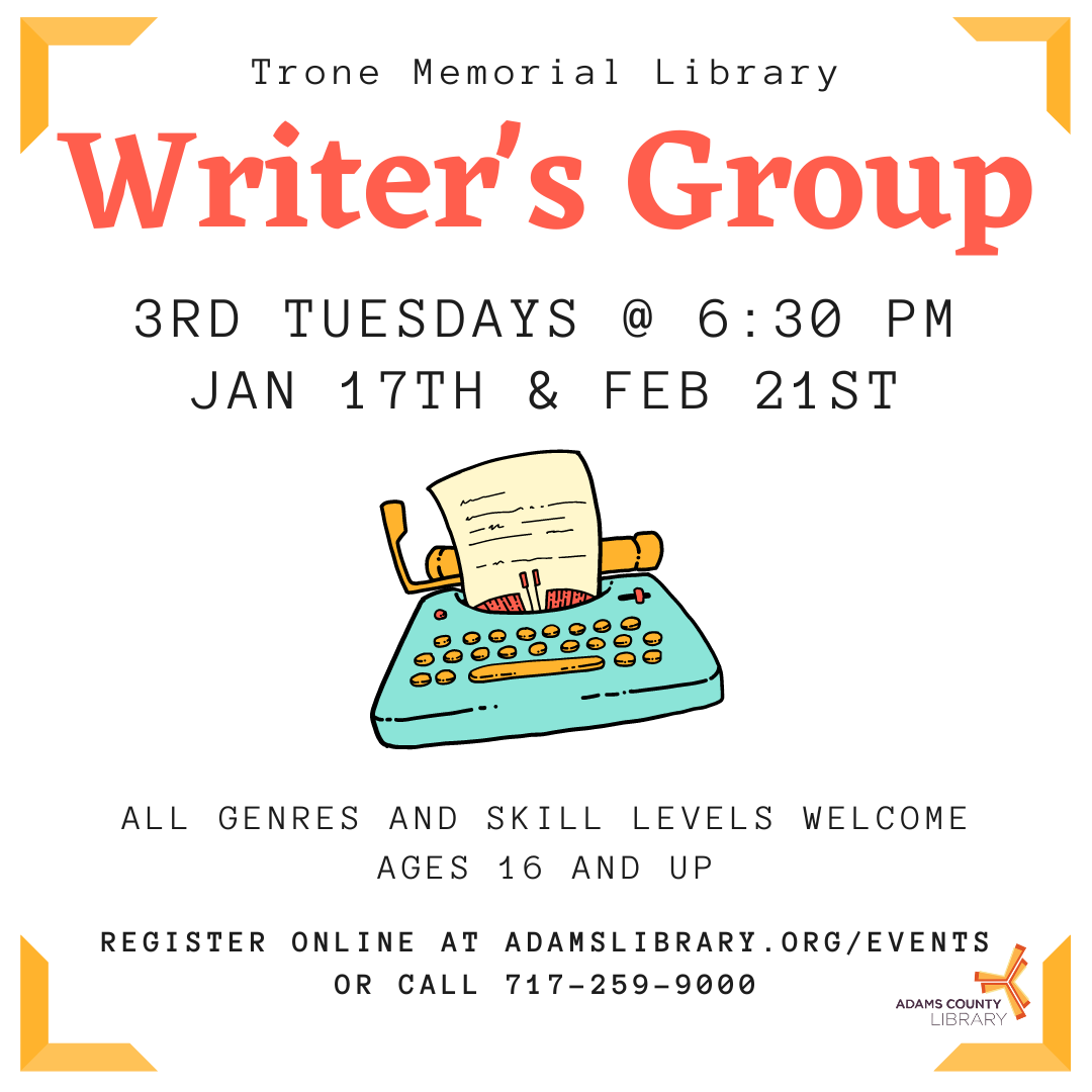 A teal typewriter on a while background with the words Writer's Group, 3rd Tuesday at 6:30 pm January 17th and February 21st.