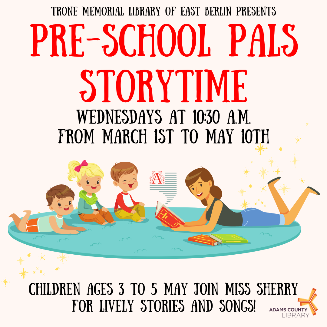 A graphic of children being read to on a carpet, with the words Pre-School Pals Storytime, Wednesdays 10:30 from March 1st to May 10th.