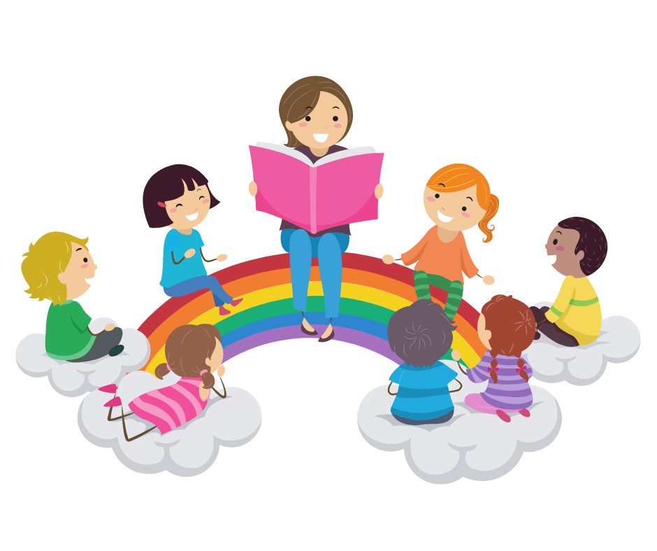 a graphic of a woman sitting on a rainbow reading a story to a group of children sitting on the rainbow and clouds