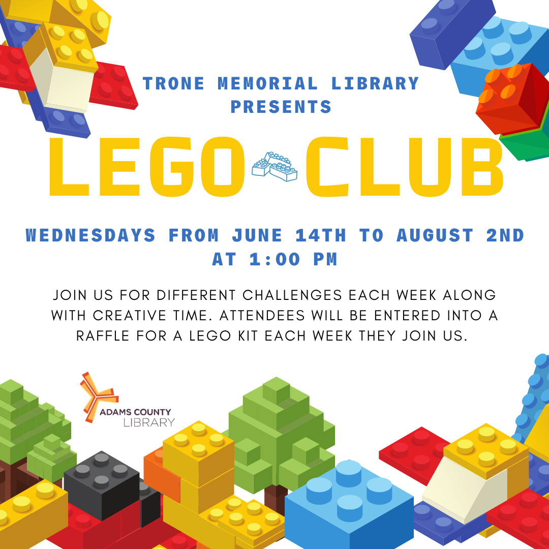 A photo of legos with the words Lego Club Wednesdays June 14-August 2nd. 