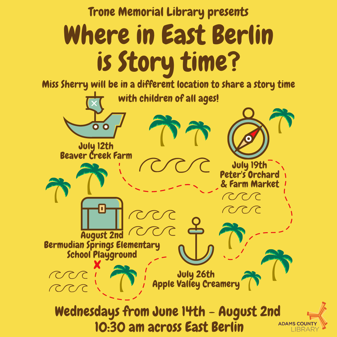 A graphic of a treasure map on a yellow background with the words Where in East Berlin is Story Time? 