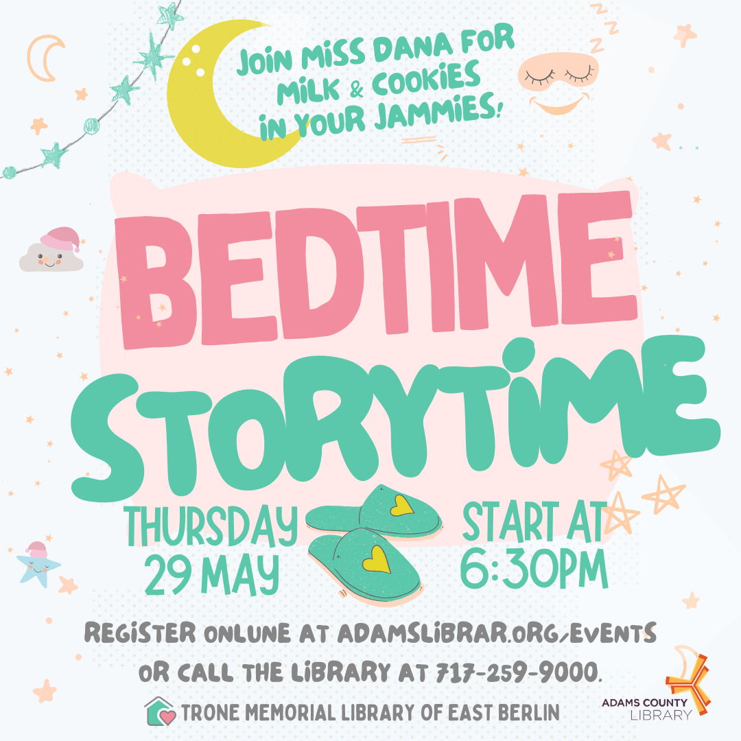 A graphic of a pillow and the moon with the words Bedtime Storytime, Thursday, June 29th at 6:30pm.