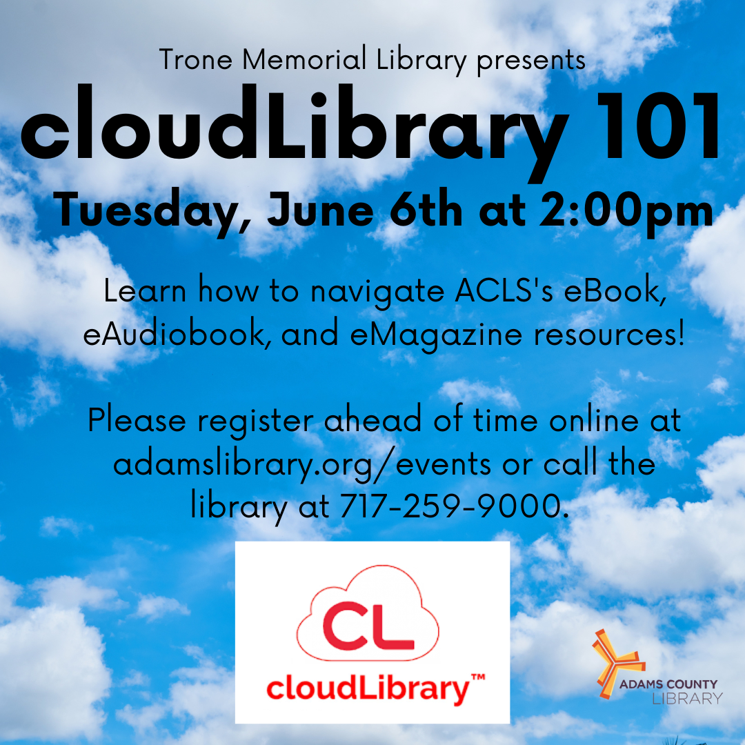 a photo of a blue sky with puffy white clouds and the words cloudlibrary 101 Tuesday, June 4th at 2:00pm