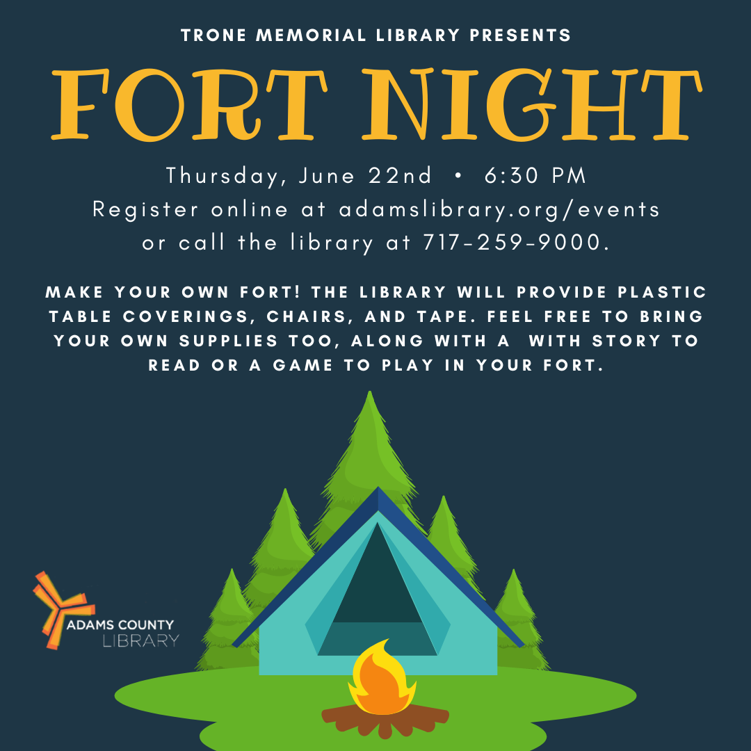 A graphic of a tent and a campfire on a blue background with the words Fort Night, June 22nd at 6:30pm/