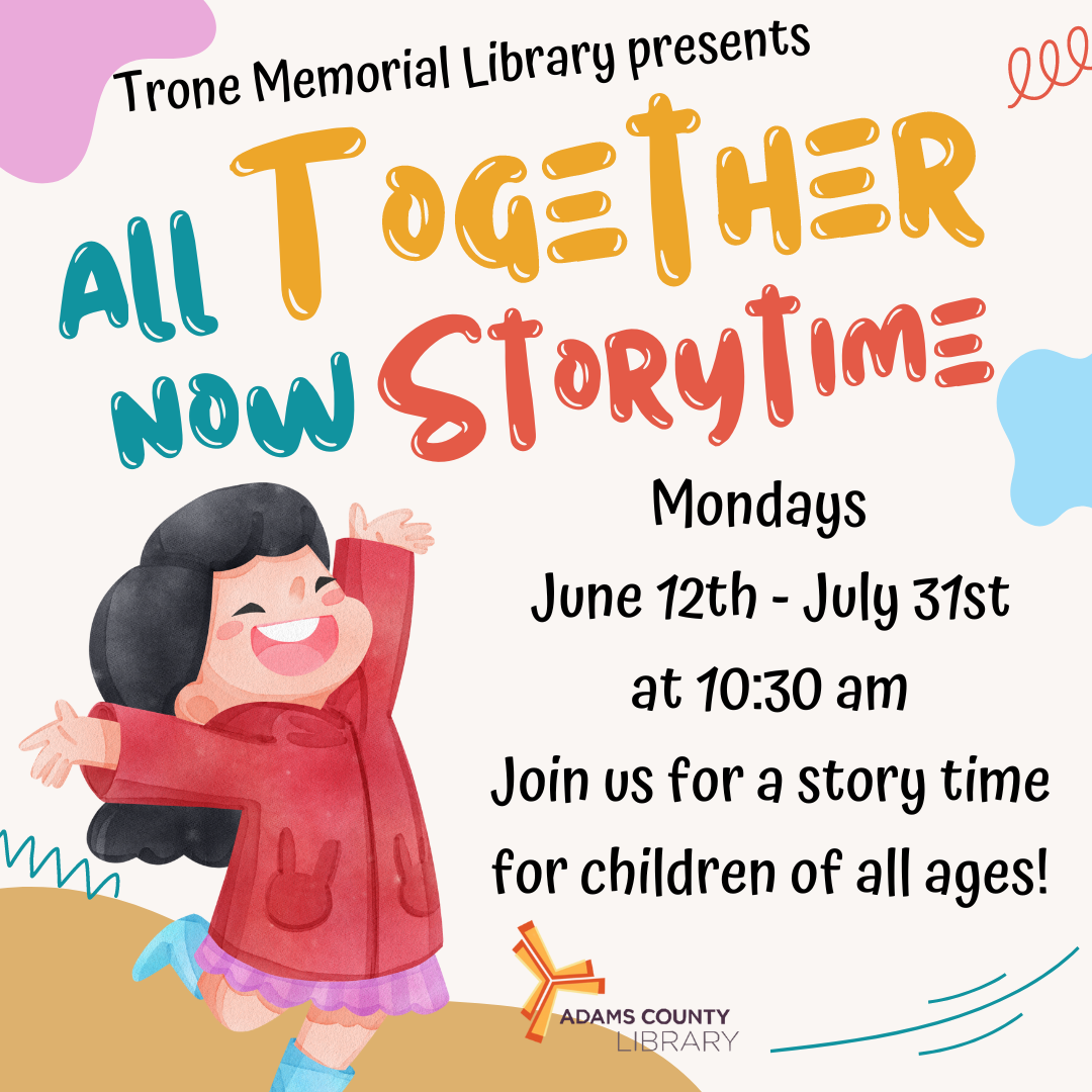 A graphic of a child in a red coat and the words All Together Now Storytime Mondays June 12th to July 31st at 10:30am.