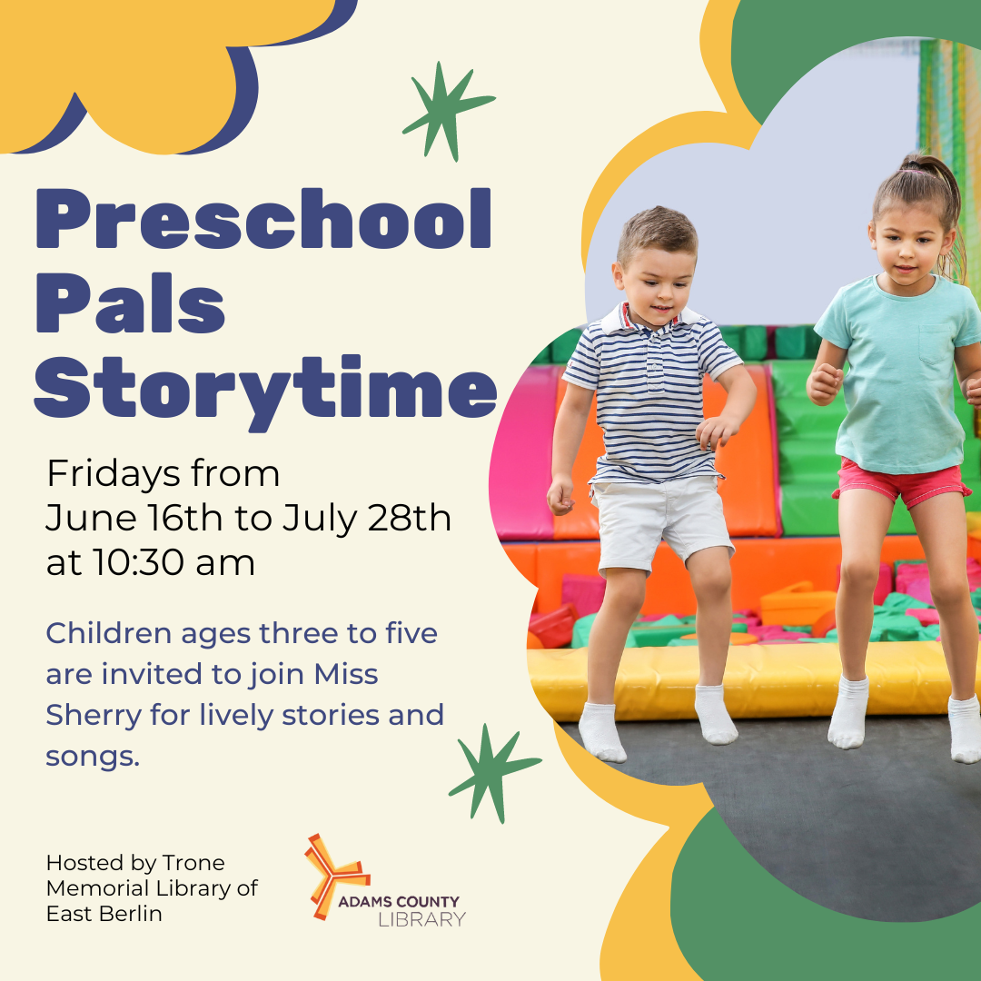 A photo of children jumping and playing with the words preschool pals storytime, Fridays from June 16th to July 28th at 10:30am.