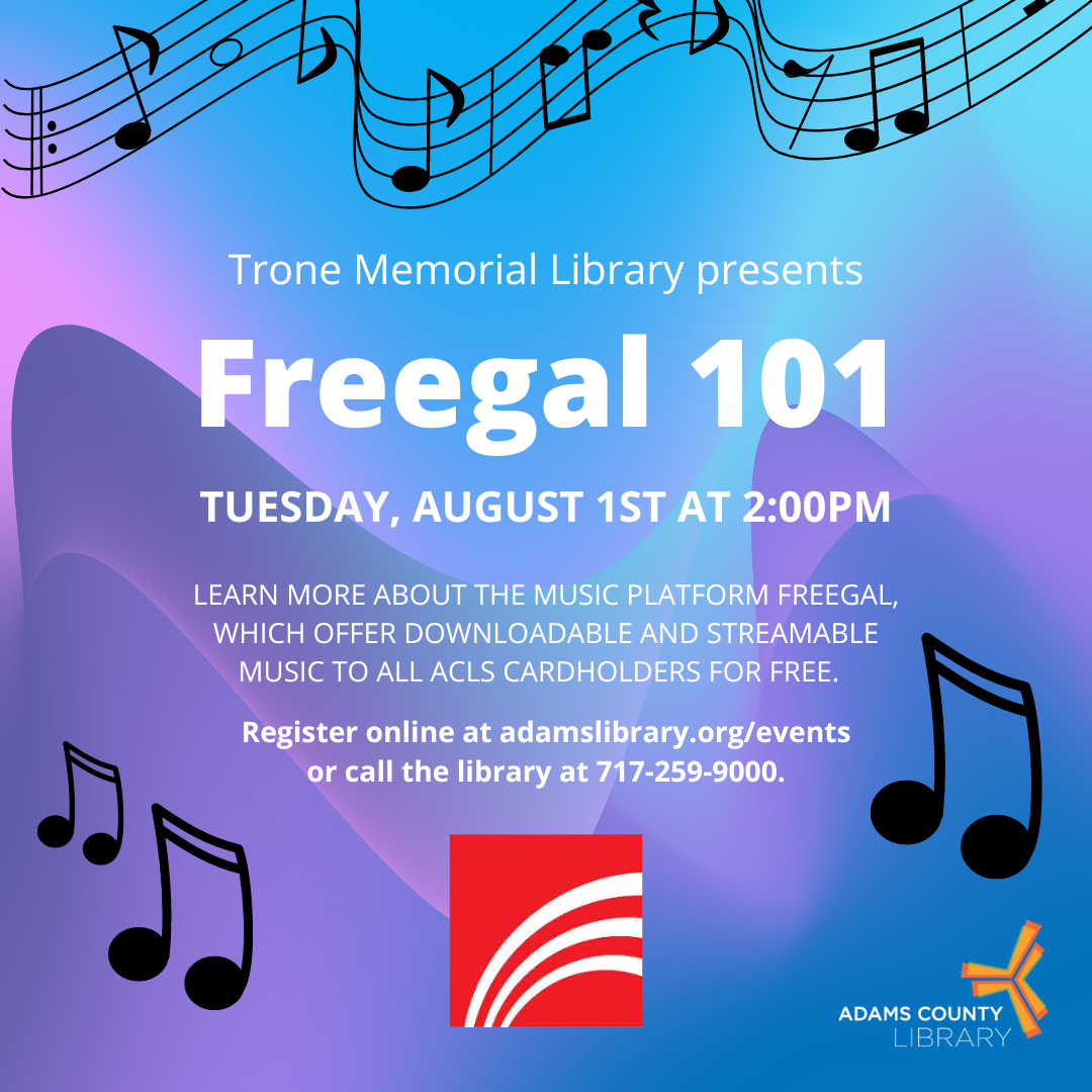 A blue and purple background with the words Freegal 101, Tuesday, August 1st at 2:00pm.