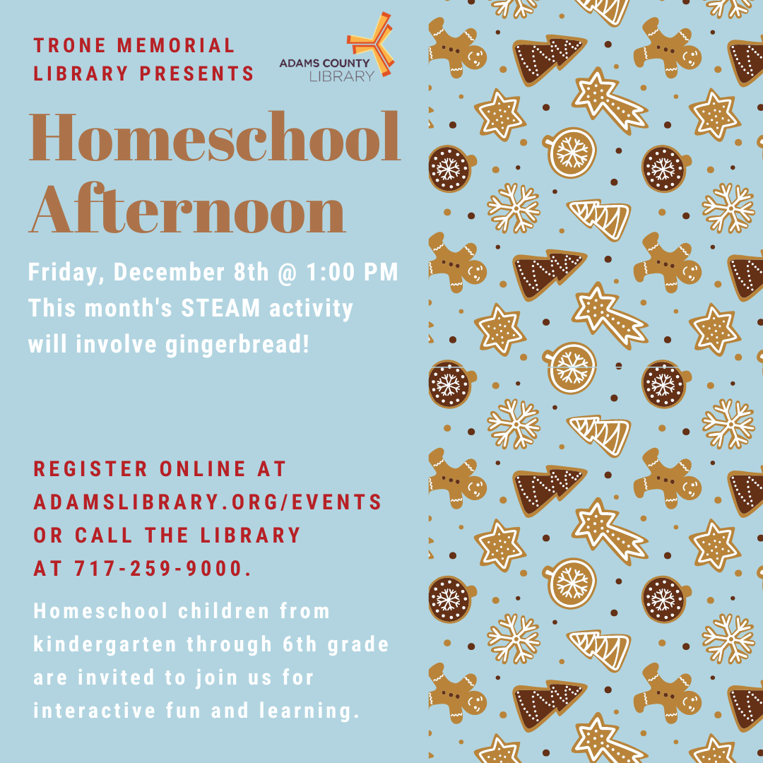 A patterned graphic of gingerbread people and other cookies with the words Homeschool Afternoon, Friday, December 8th at 1:00pm.