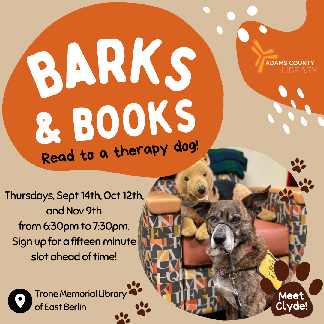 A picture of Clyde the Dog with the words Barks & Books, Thursday, September 14th, October 12th, and November 9th at 6:30pm. 