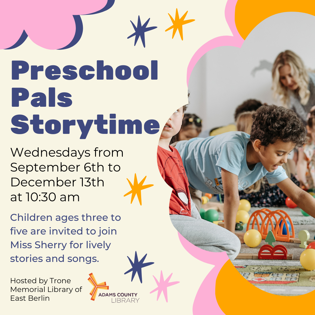 A photo of children playing with blocks and the words Preschool Pals Storytime, Wednesdays at 10:30am.