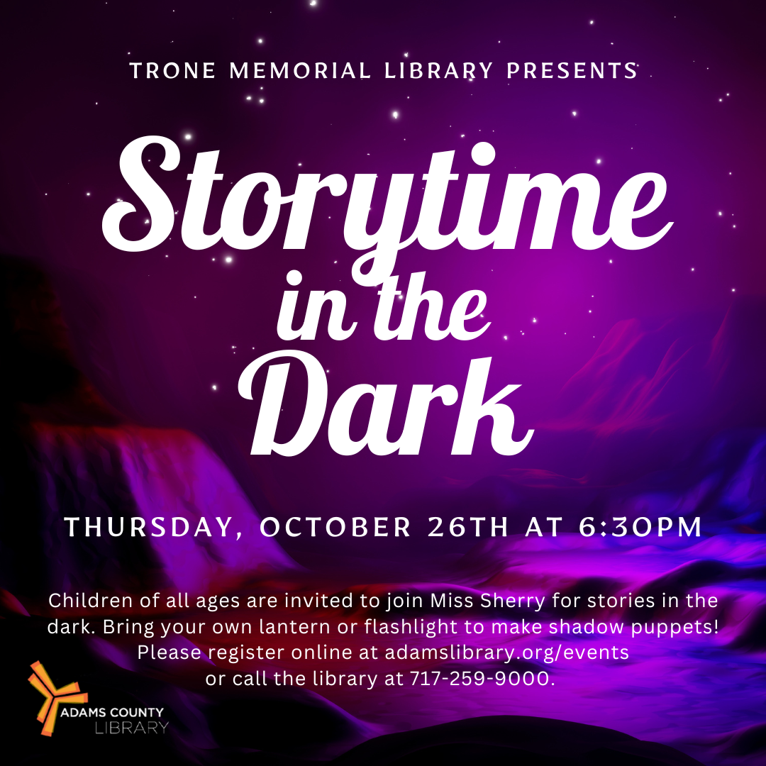 A purple galaxy background with the words Storytime in the Dark, Thursday, October 26th at 6:30pm.