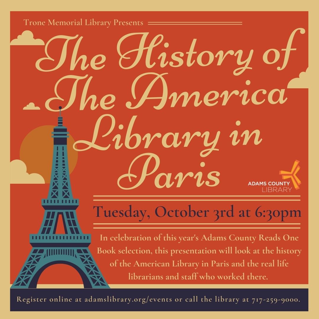 A graphic of the Eiffel Tower with the words The History of the American Library in Paris, Tuesday October 3rd at 6:30pm.