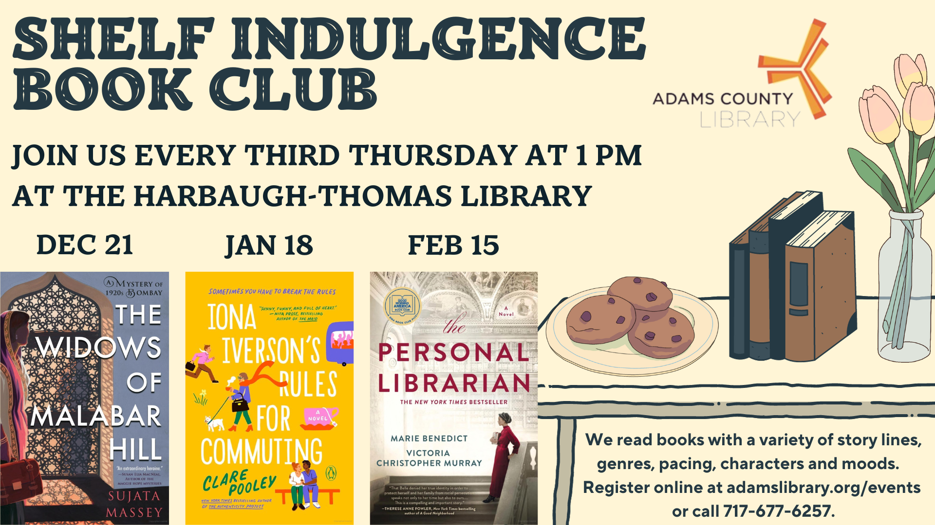 Join us every third Thursday at 1pm at the Harbaugh Thomas Library for the Shelf Indulgence Book Club. 