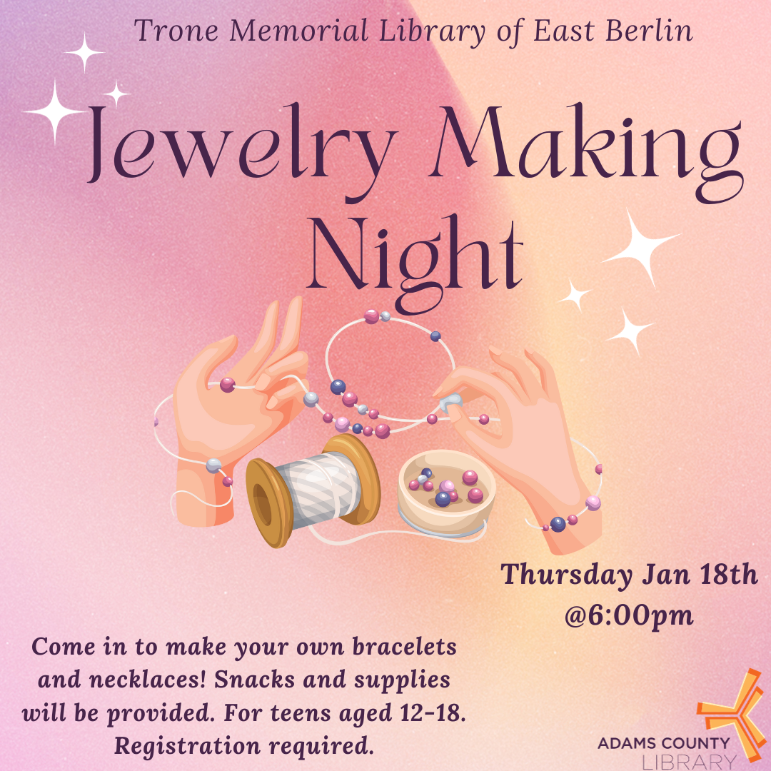Image of hands making jewelry accompanying text about jewelry making night event