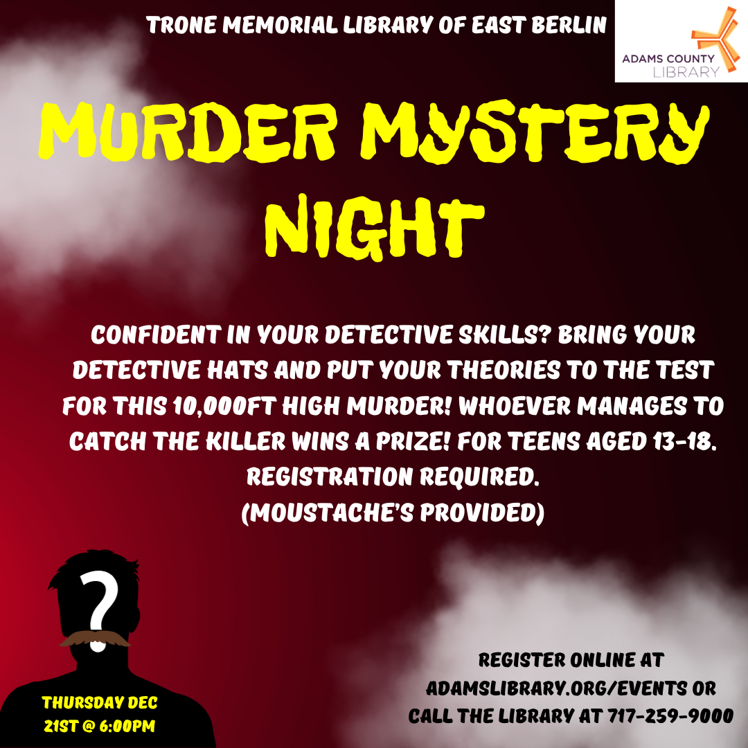 Silhouette of person with a question mark accompanying text about murder mystery night