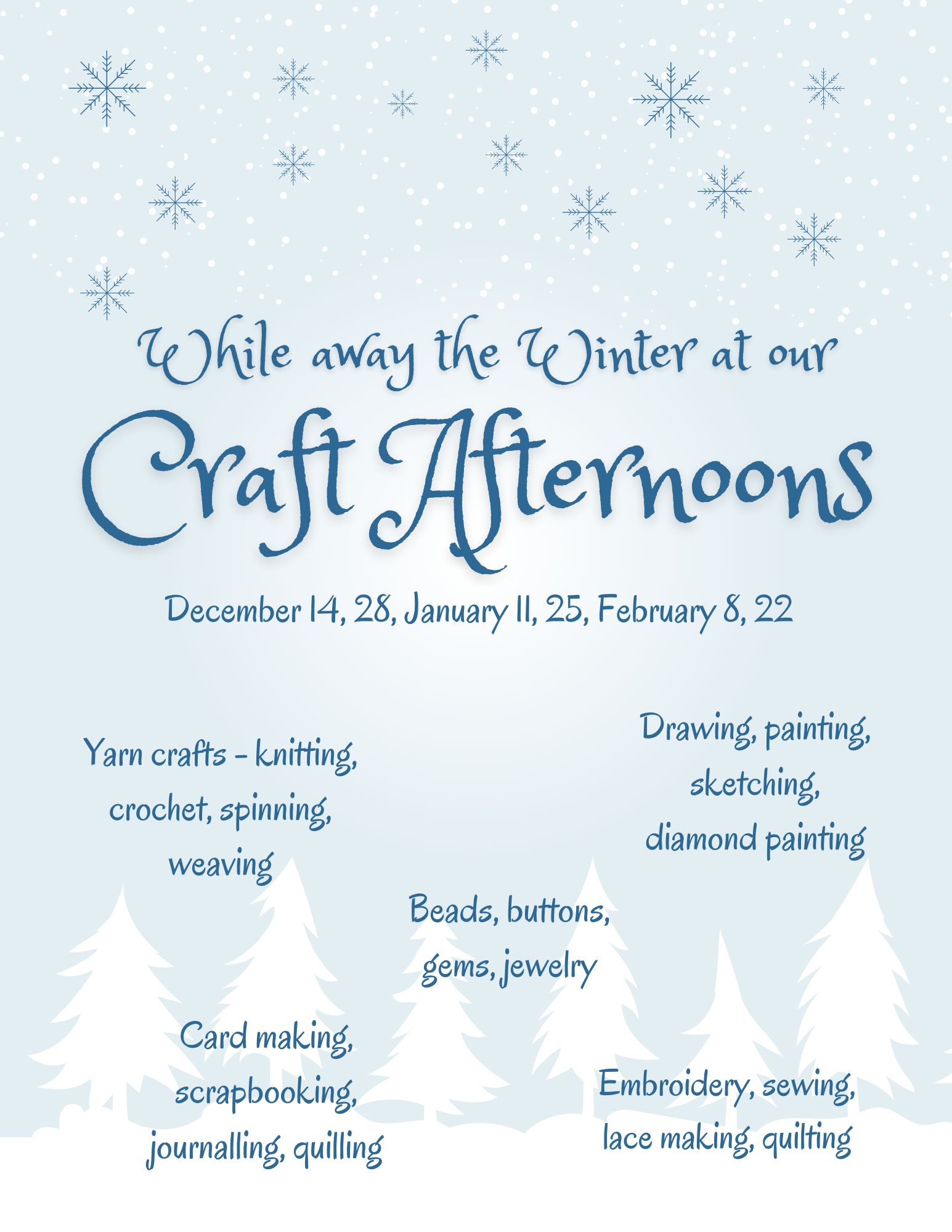 Craft with us this winter at Harbaugh Thomas Library. December 14th and 28th, January 11th and 25th, February 8th and 22nd at 1.30pm