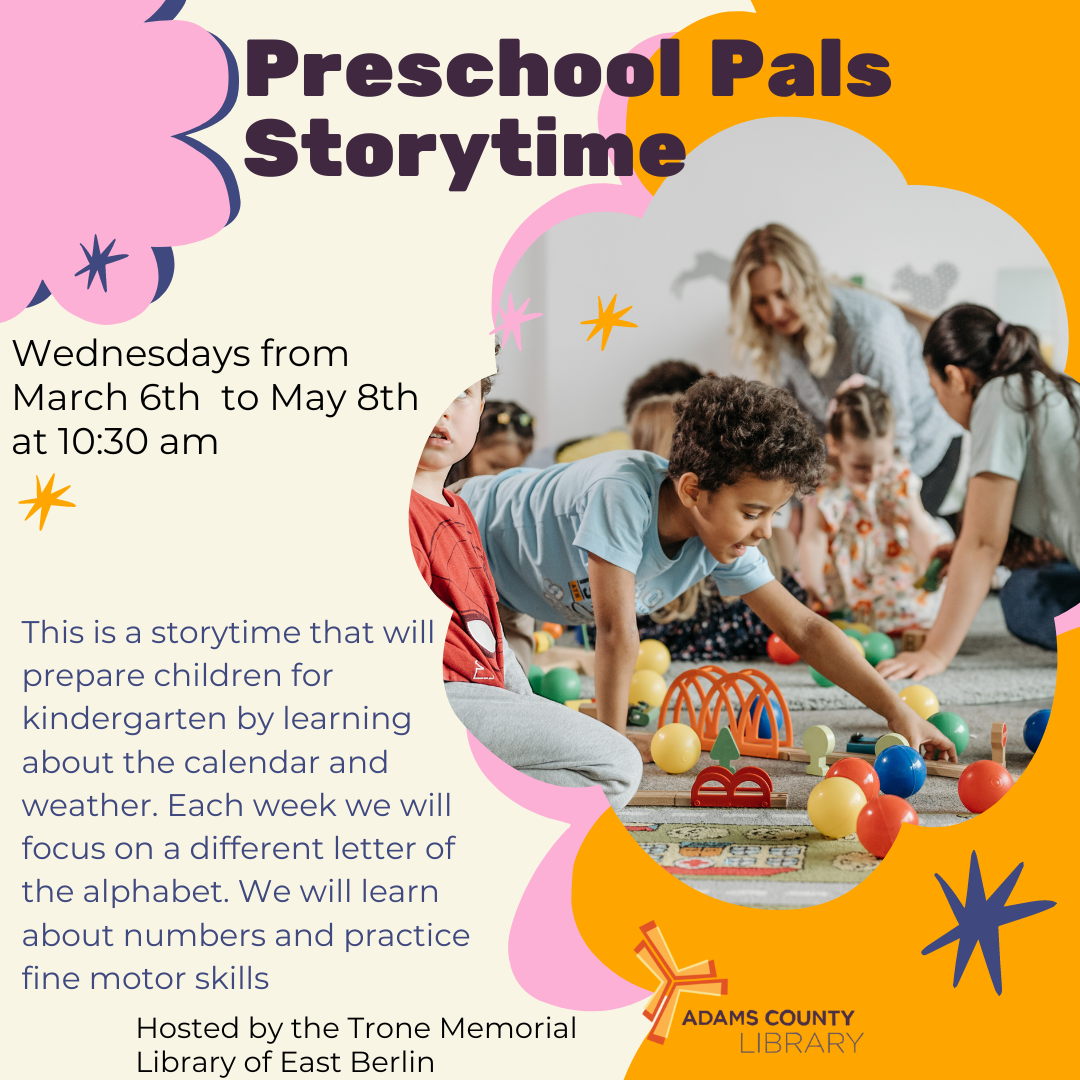 A photo of children playing with blocks and the words Preschool Pals Storytime, Wednesdays at 10:30am.