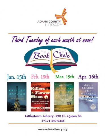 The Rendezvous Book Club meets on the third Tuesday of each month at noon. Contact the library for the list of books to be discussed.