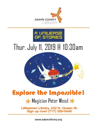 Summer Quest program. Explore the Impossible with magician Peter Wood at 10:30am on Thursday, July 11, 2019. For all ages.