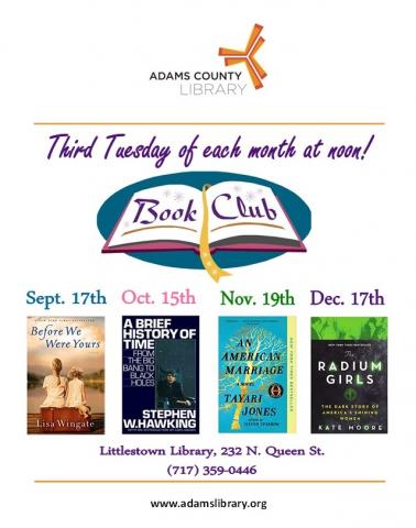The Rendezvous Book Club meets on the third Tuesday of each month at noon. Contact the library for the list of books to be discussed.
