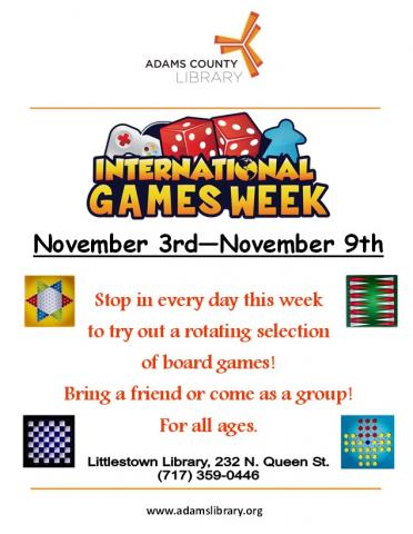 International Games Week runs from November 3, 2019 until November 9, 2019. Enjoy a rotating selection of games throughout the week. For all ages.