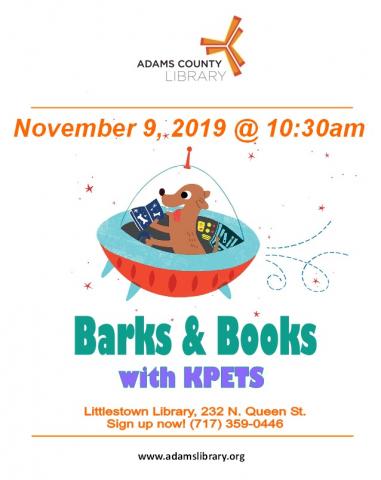 Barks and Books with KPETS is on Saturday, November 9, 2019 at 10:30am.