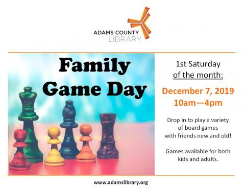 Join us on the first Saturday of the month from 10am-4pm for Family Game Day. Drop in on December 7, 2019 to play a variety of board games. For all ages.