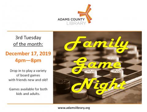 Join us on the first Saturday of the month from 4pm-8pm for Family Game Night. Drop in on December 17, 2019 to play a variety of board games. For all ages.