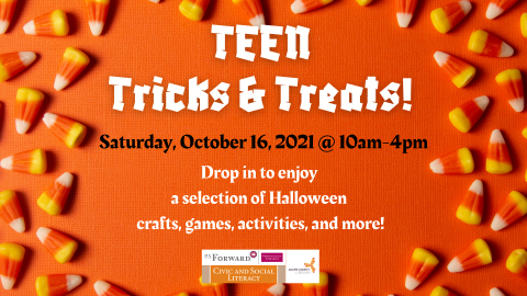 Drop in any time on Saturday, October 16th for Teen Tricks & Treats! Enjoy a selection of Halloween crafts, games, activities, and more!