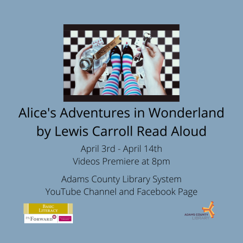 Blue-grey background with a rectangle image of a black and white checkered floor, a pair of young woman's shoes, young woman's hands, and blue socks