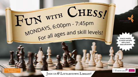 Fun with chess! Mondays 6:00pm to 7:45 pm. All ages and skill levels welcome.